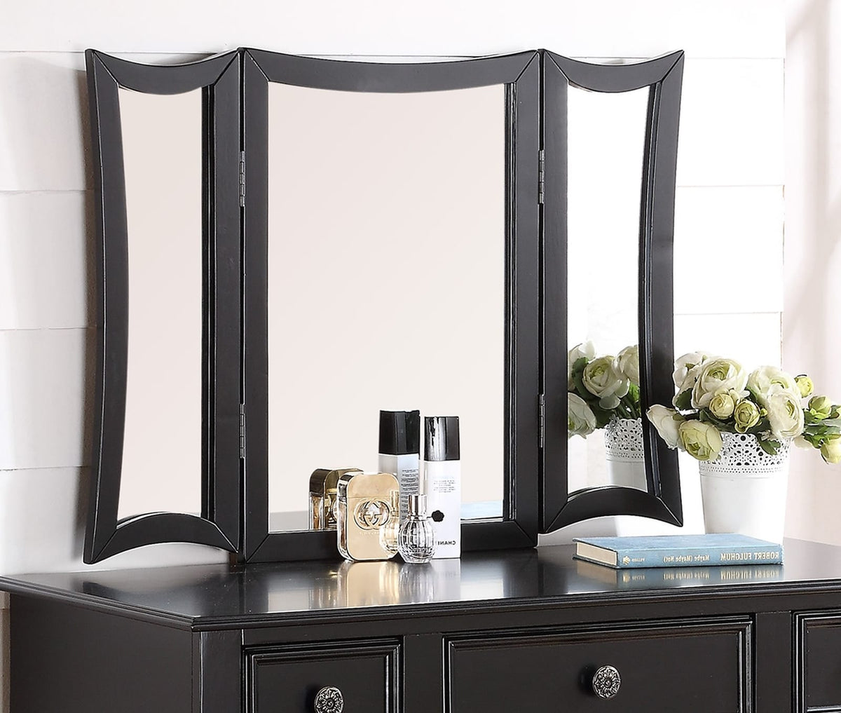 Modern Black Vanity Set with Drawers & Mirror - Bedroom Storage