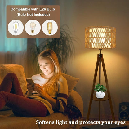 Brown Wood Rattan Floor Lamp with Shelves and Foot Switch for Living Room