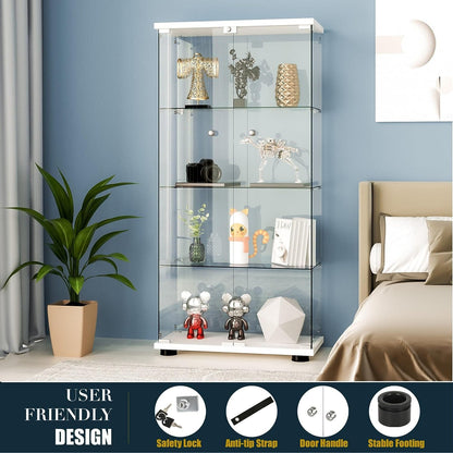 Glass Display Cabinet - 4 Shelves, LED Lights & Lockable Storage