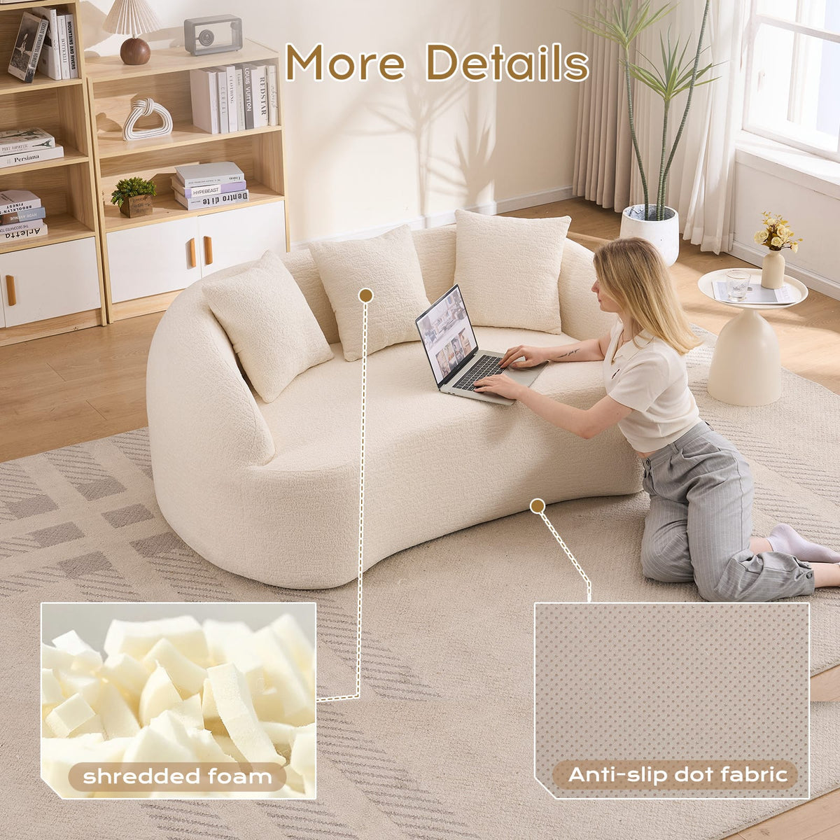 Off White Chenille Loveseat - Compact Sofa with Foam & Pillows for Living Room