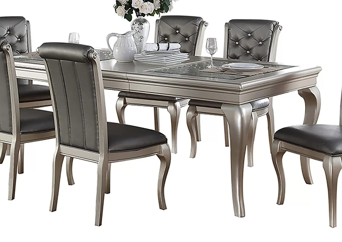 Dining Table Rectangle Glass Inert Top Silver Hue 7pc Dining Table 6x Side Chairs