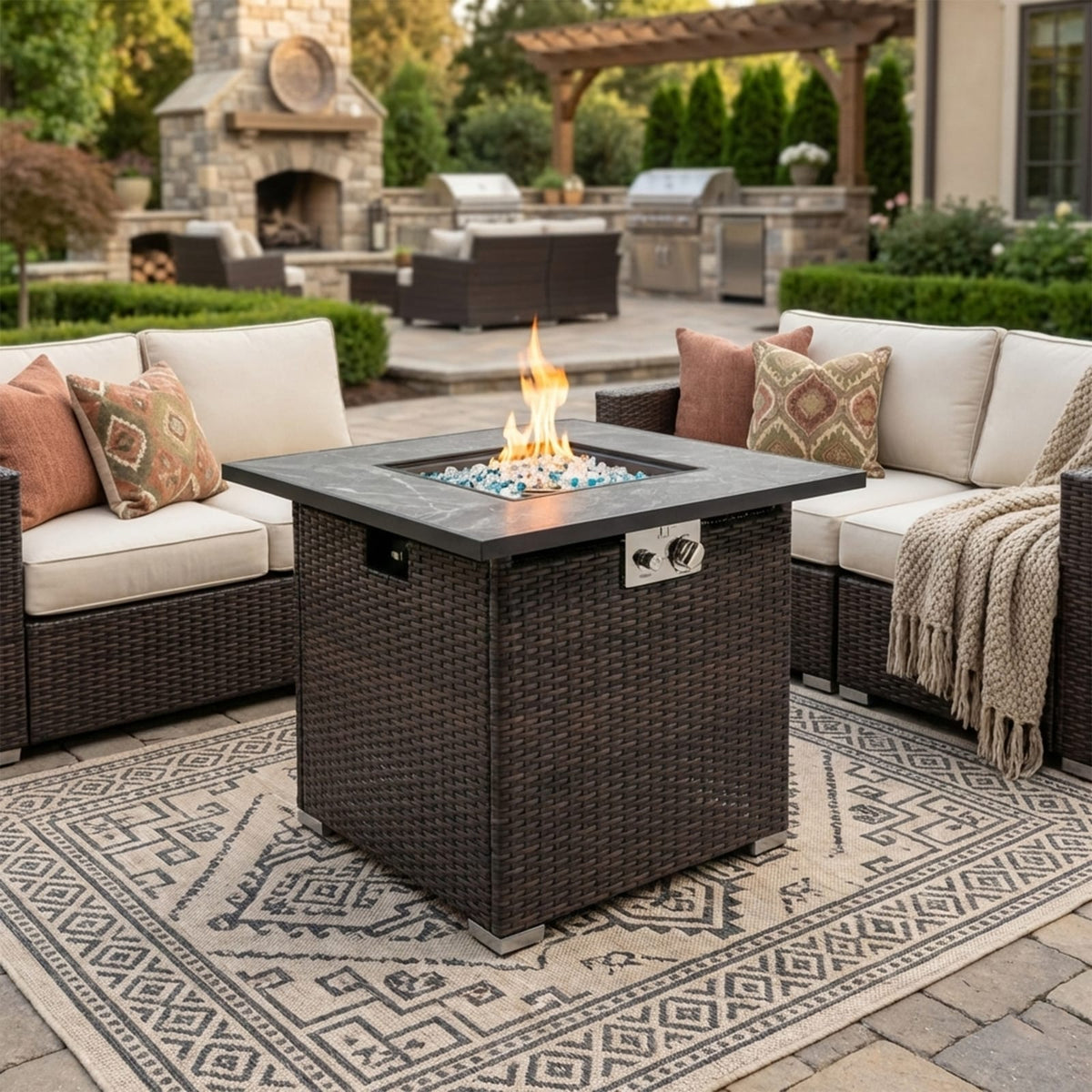 Espresso Wicker Square Fire Pit Table - 28 Inch Outdoor Heating
