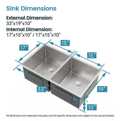33"x19" Stainless Steel Kitchen Sink - Gray, Undermount Style