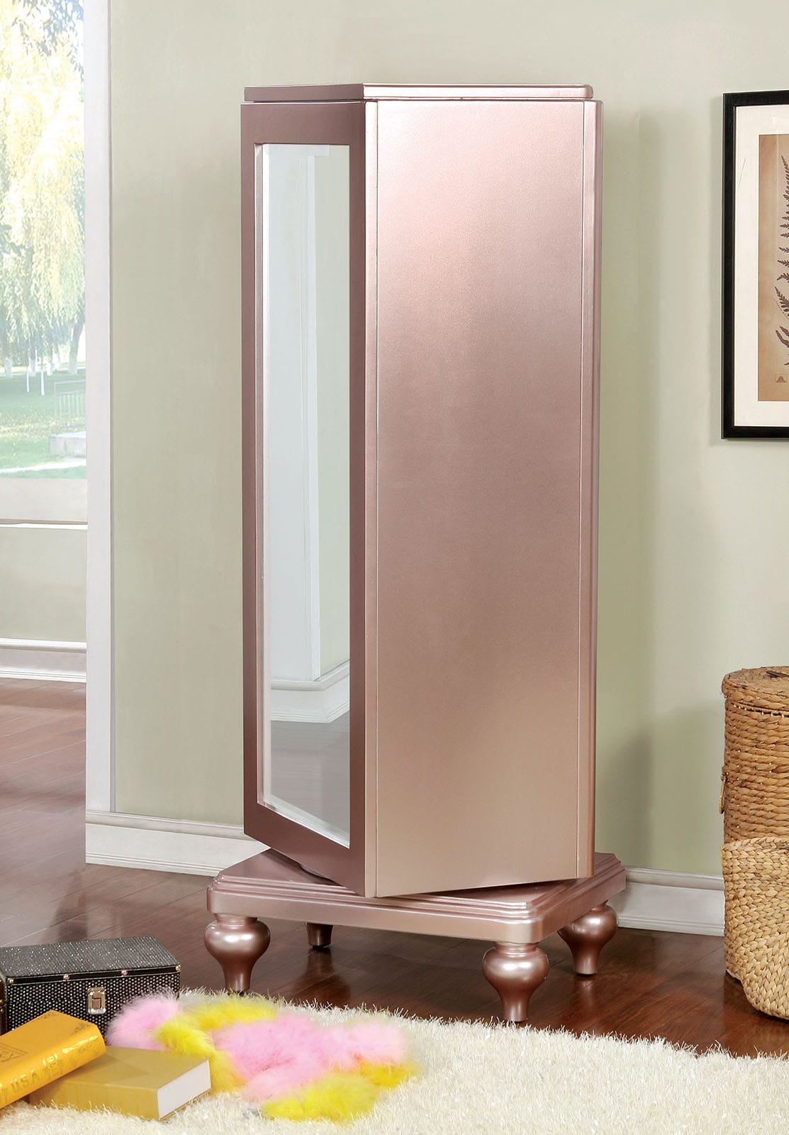 Contemporary Rose Gold Swivel Dresser - Mirror Trim Bedroom Storage