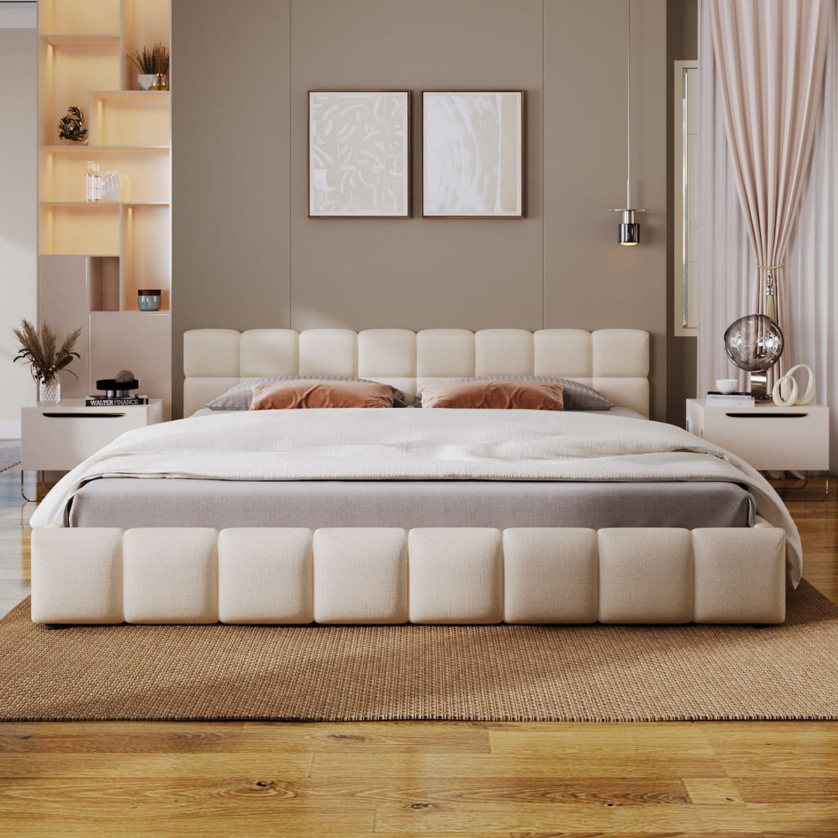 Beige Chenille Upholstered Queen Bed Frame with Checkerboard Design for Bedroom
