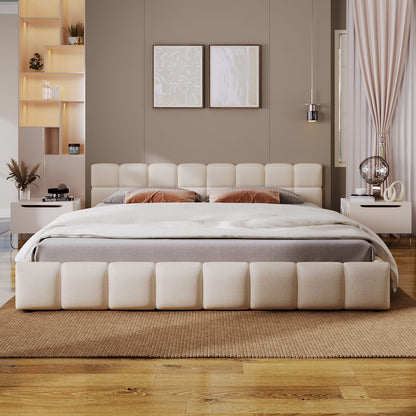 Beige Chenille Upholstered Queen Bed Frame with Checkerboard Design for Bedroom