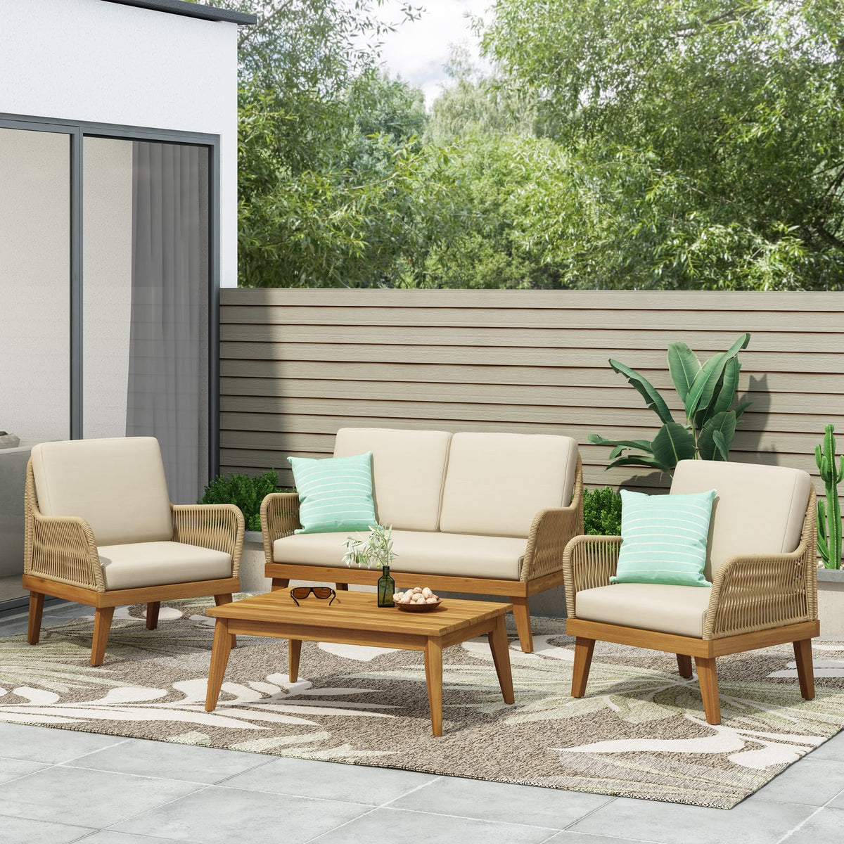 Teak Acacia Wood Chat Set - Loveseat & 2 Chairs, Outdoor Patio Furniture