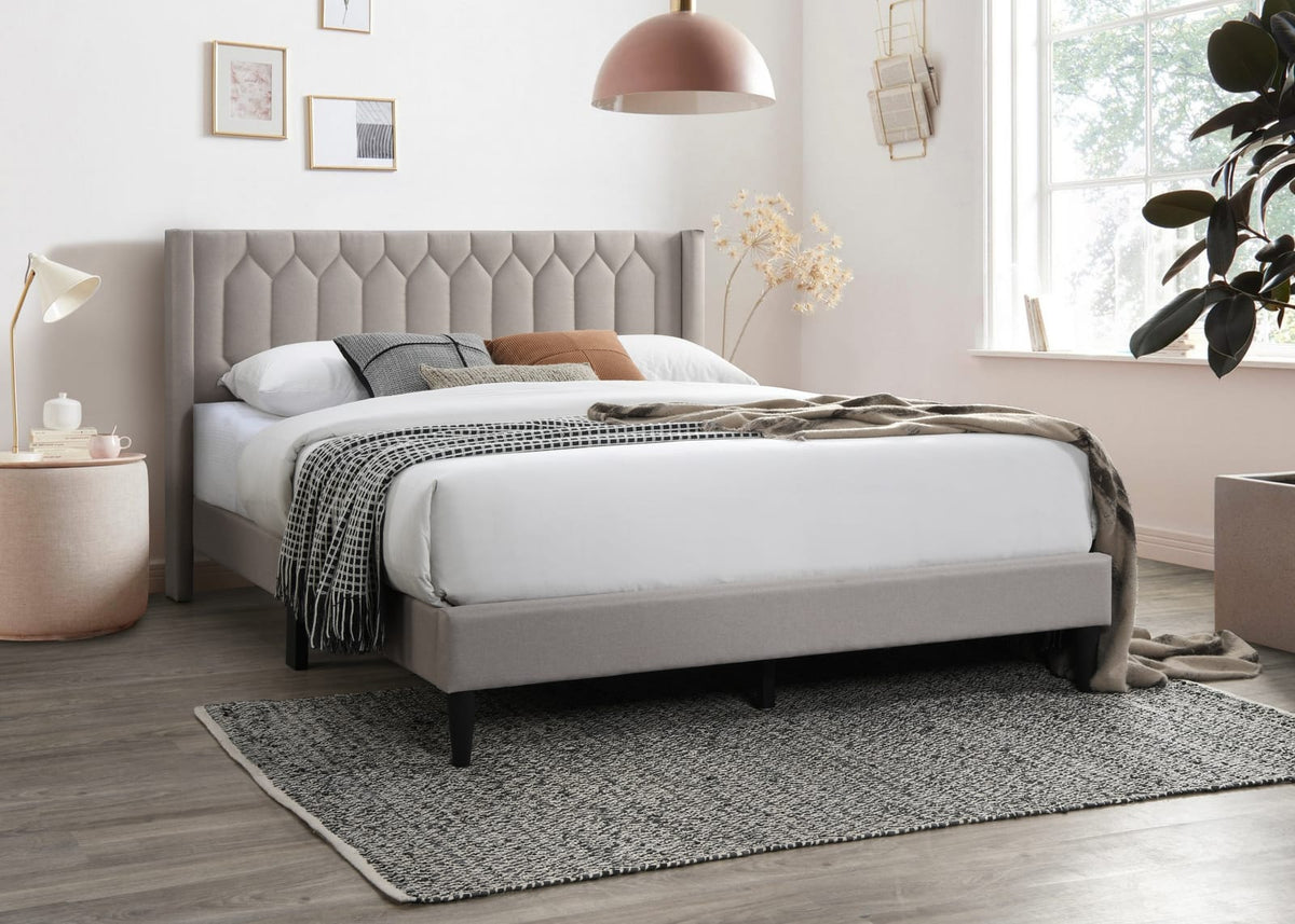 Modern Queen Bed Frame - Light Brown Burlap Headboard