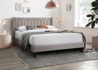 Modern Queen Bed Frame - Light Brown Burlap Headboard