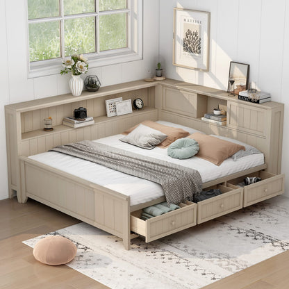 Full Size Wood Storage Bed Frame with Drawers and Shelves for Bedroom