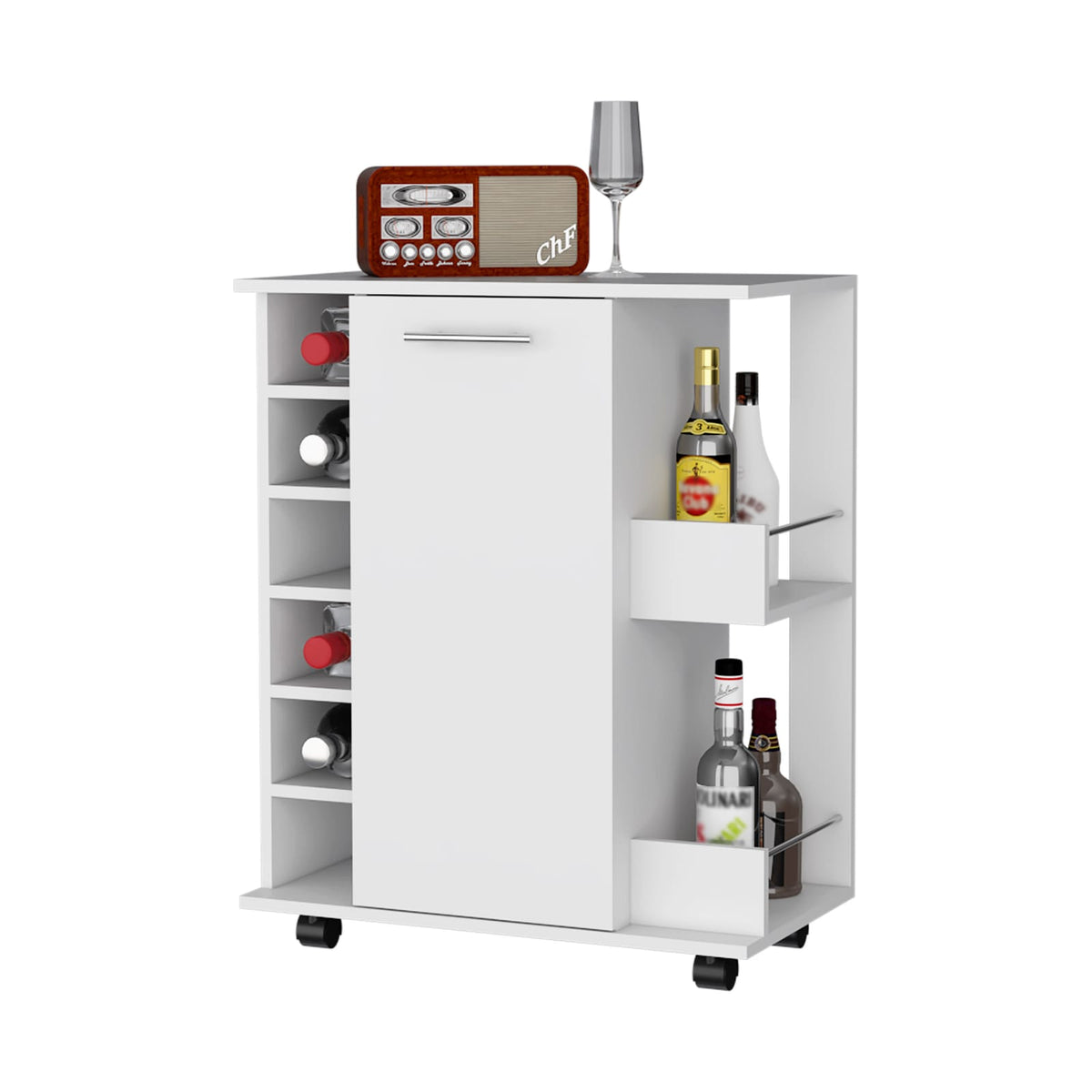 White Pine Mobile Bar Cart with Open Shelves for Entertaining for Living Room