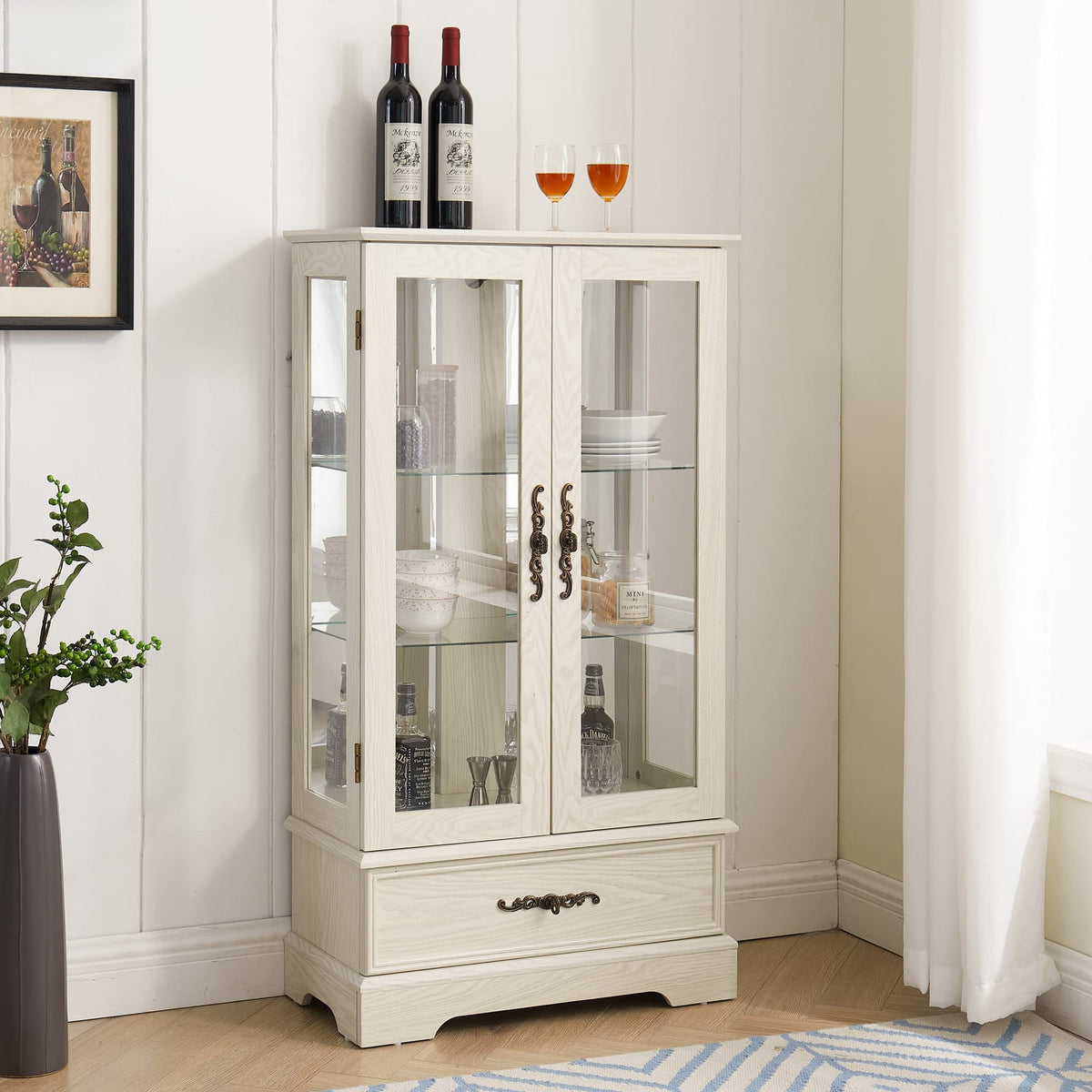White Glass Curio Cabinet - 25.98"W Storage Display Cabinet