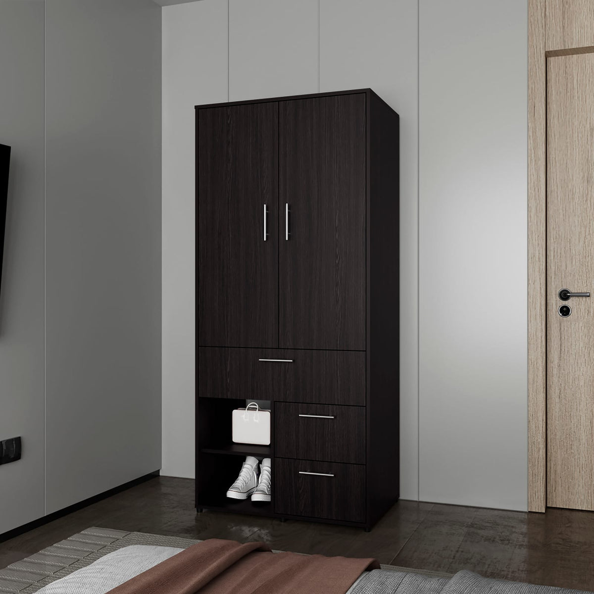 Black Two-Door Wardrobe with Shelves - 70.9" Wide