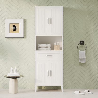 White Bathroom Cabinet with Drawer & Shelves - 70.9" Tall