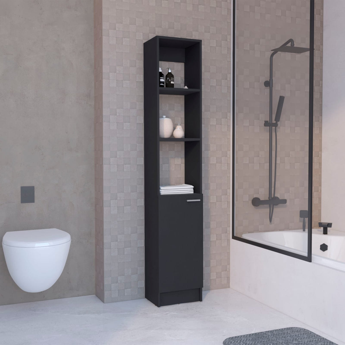 Linen Cabinet, 1 Door, Black - Adjustable Shelves