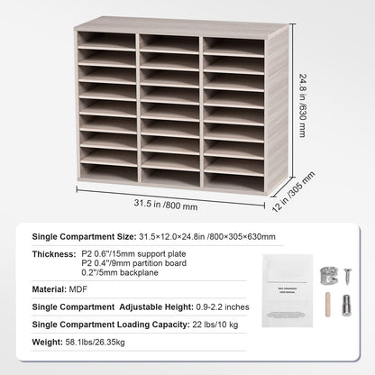 27 Compartment Wood Literature Organizer - Adjustable Shelves, Gray