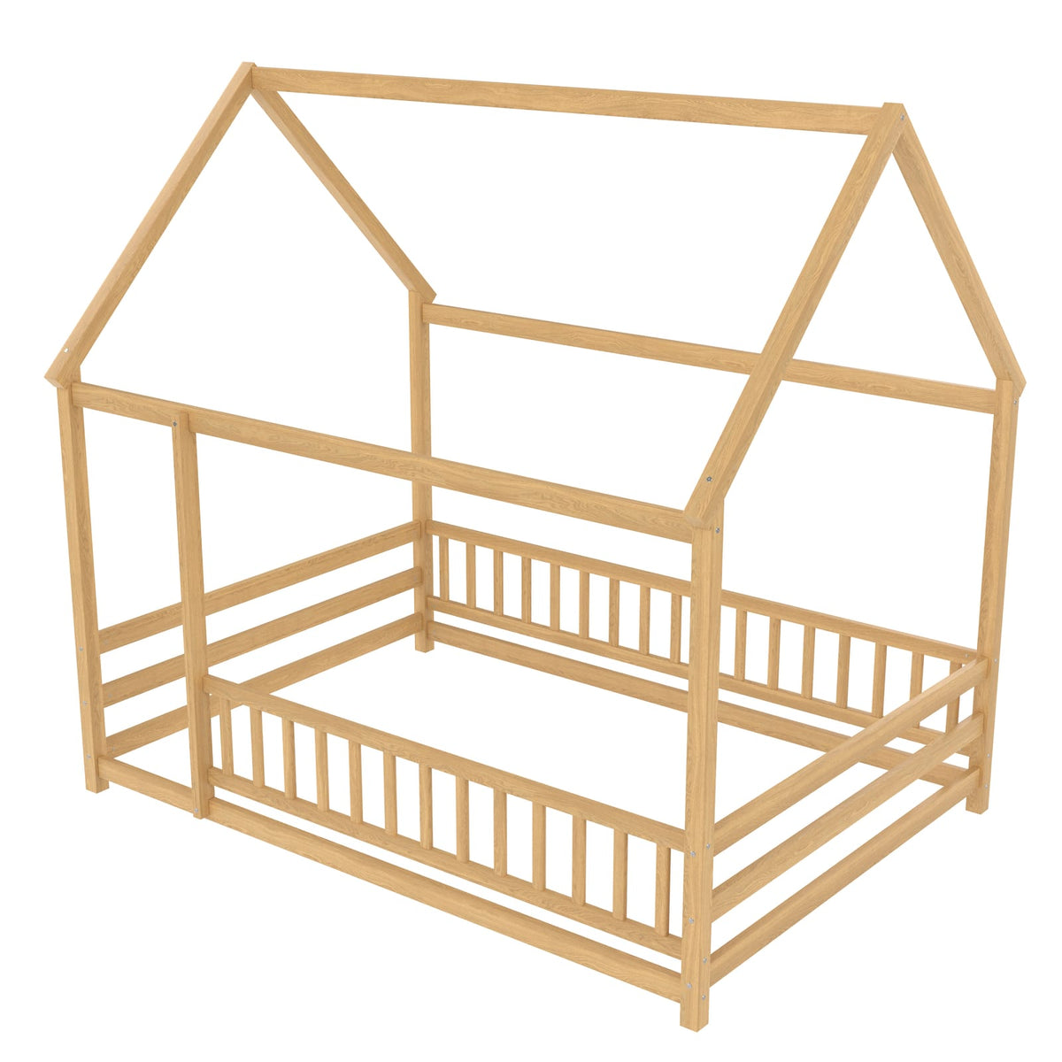 Full Size Wooden Bed with House Roof Frame - Natural for Bedroom