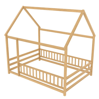 Full Size Wooden Bed with House Roof Frame - Natural for Bedroom