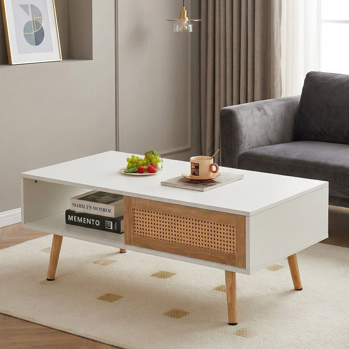41.34" Rattan Coffee Table with Sliding Door - White for Living Room