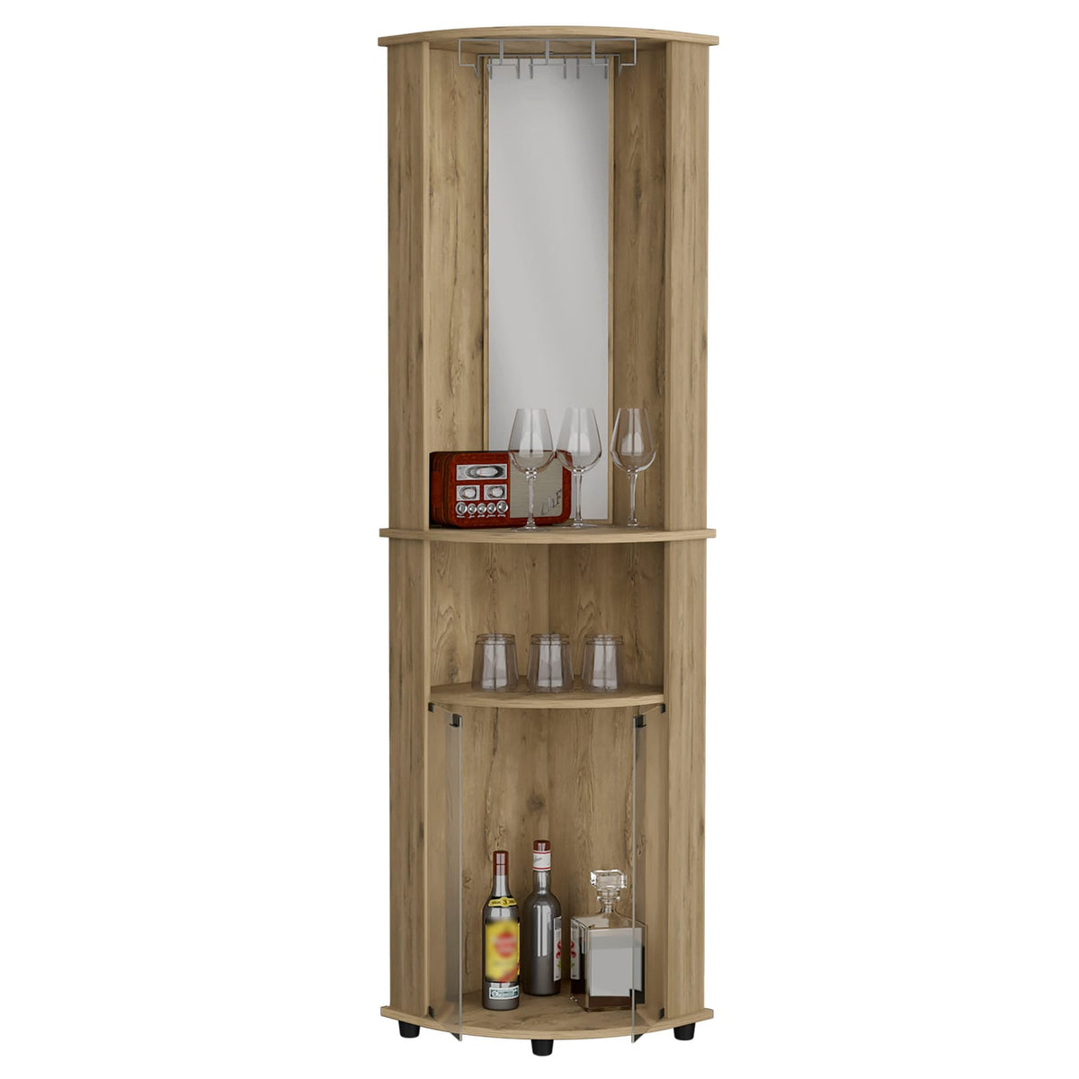 Natural Walnut Particle Board Bar Cabinet with Glass Doors for Living Room
