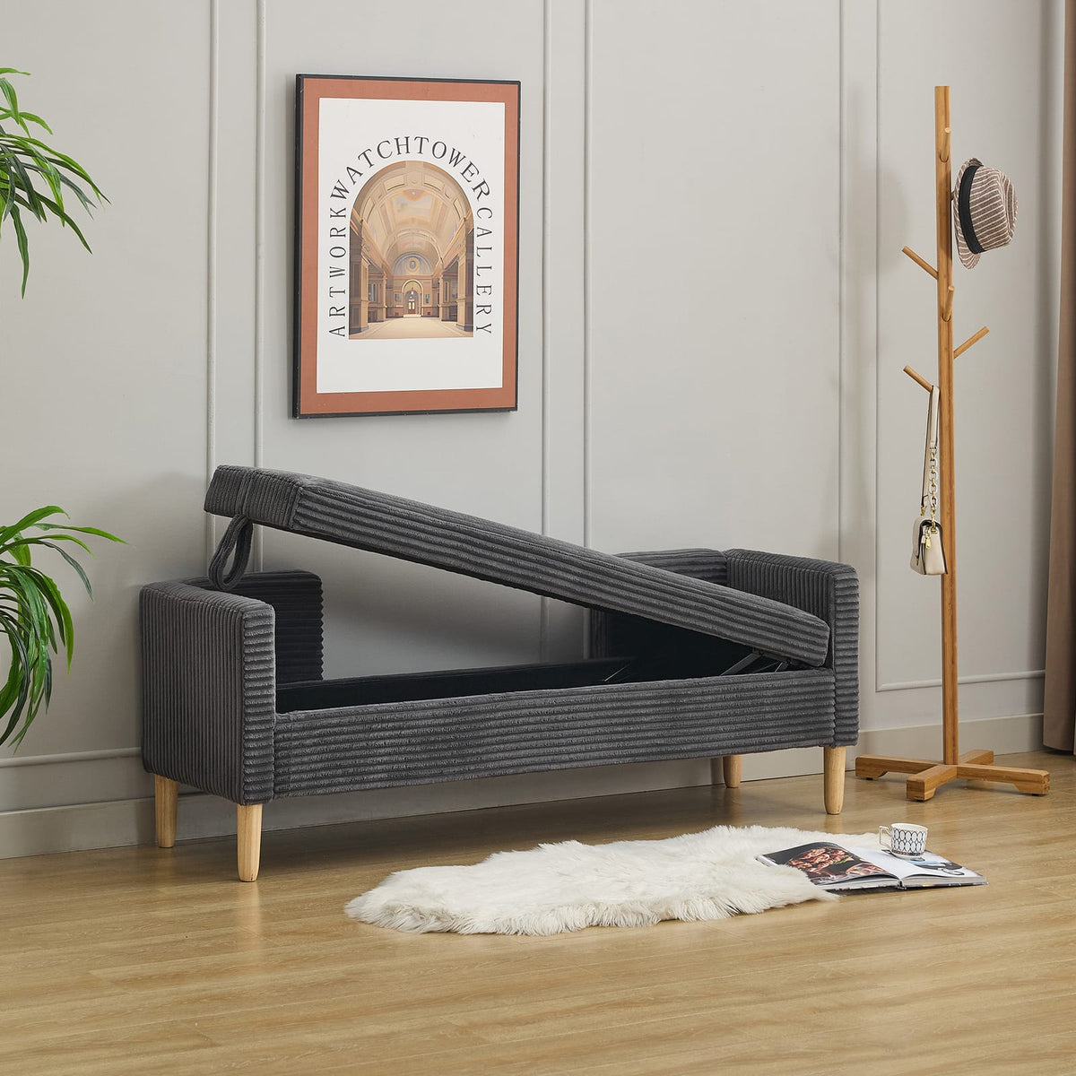 Upholstered Storage Bench - Charcoal Corduroy for Living Room