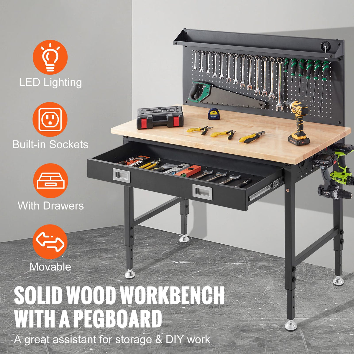 Adjustable Height Workbench - 28" x 24" Wood & Steel Desk for Garage or Home Office