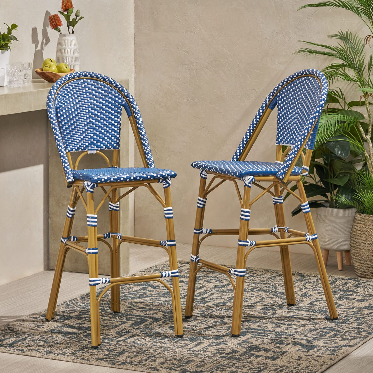 Teal Blue White 2 Person Patio Barstool Set Aluminum Frame