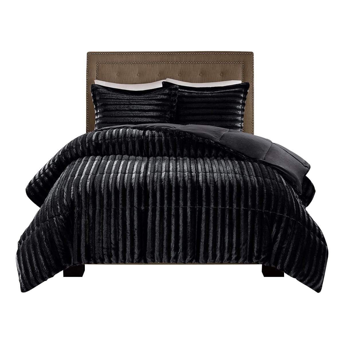 King Faux Fur Comforter Set - Black Polyester