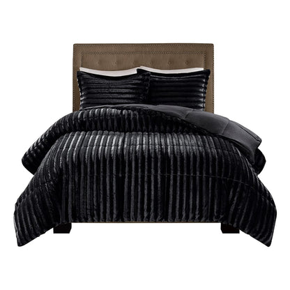 King Faux Fur Comforter Set - Black Polyester