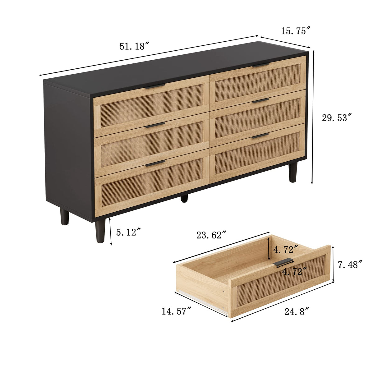 Black 6-Drawer Rattan Storage Cabinet - Bedroom Furniture