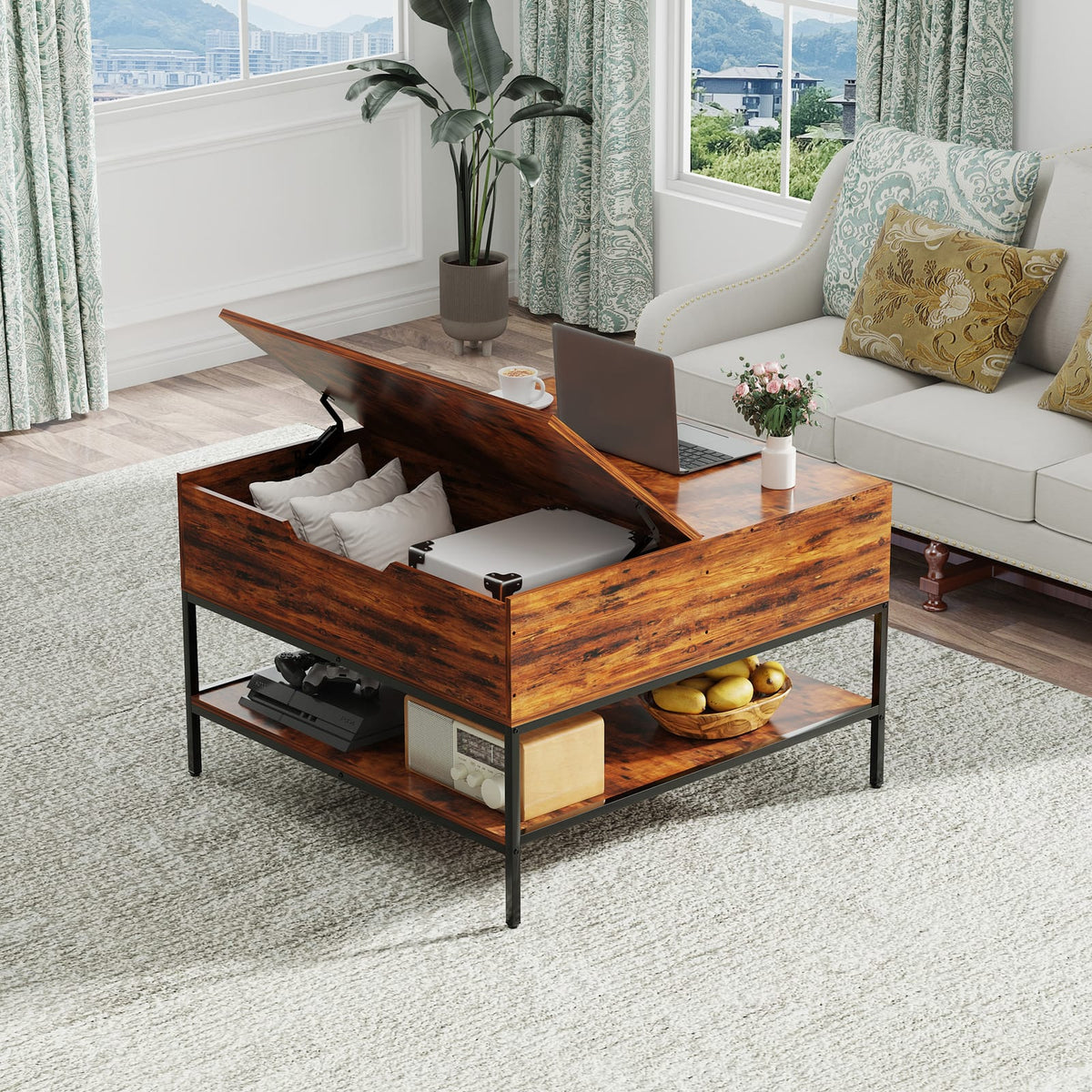 Black Brown Farmhouse Coffee Table with Storage