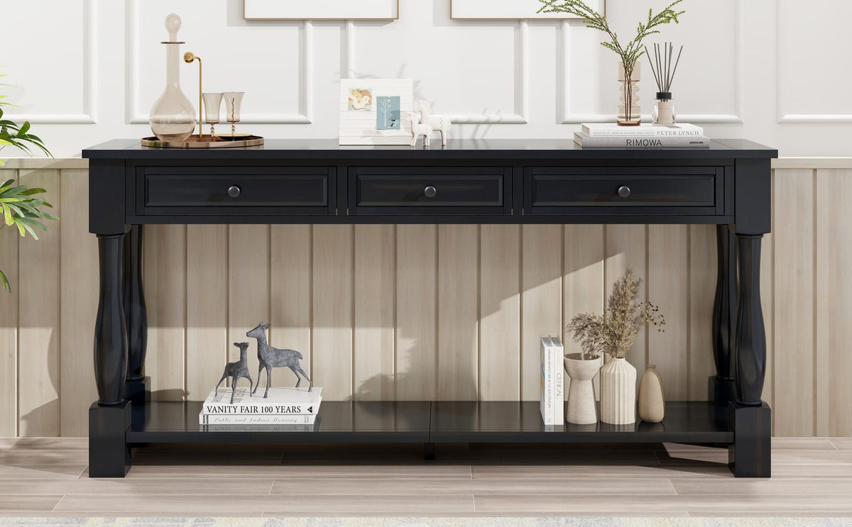 Espresso Solid Wood Console Table with 3 Drawers for Living Room
