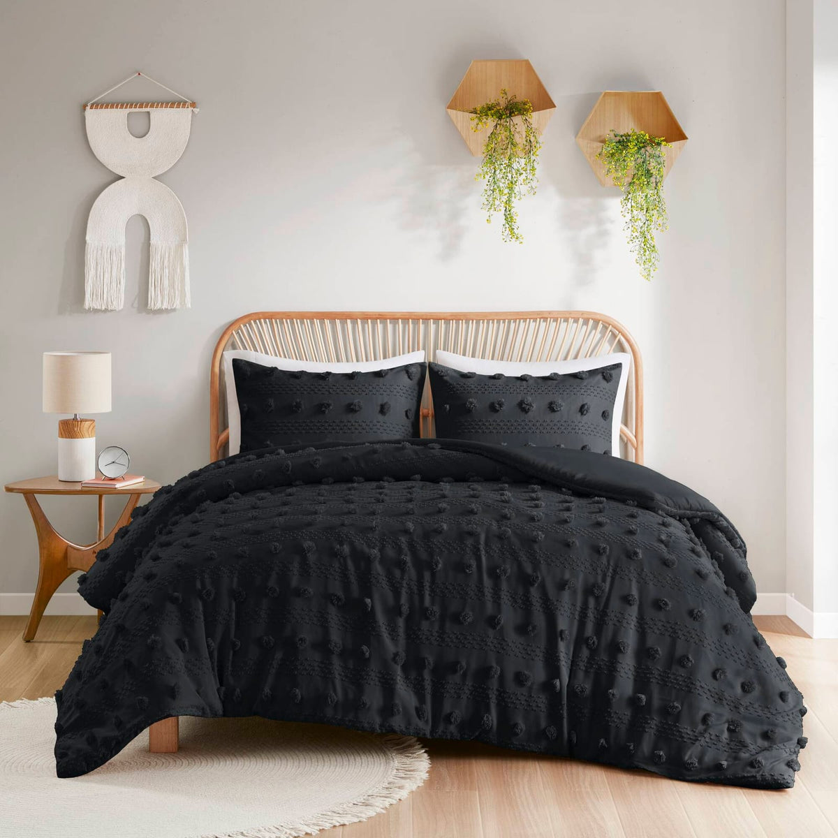 Twin/Twin XL Black Polyester Duvet Cover Set with Pompoms