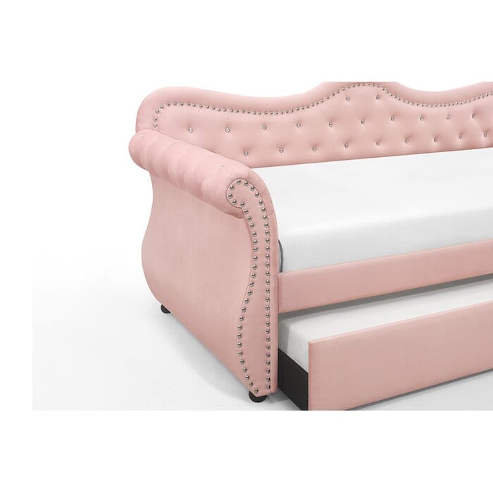 Pink Velvet Wood Daybed with Trundle for Modern Living Space