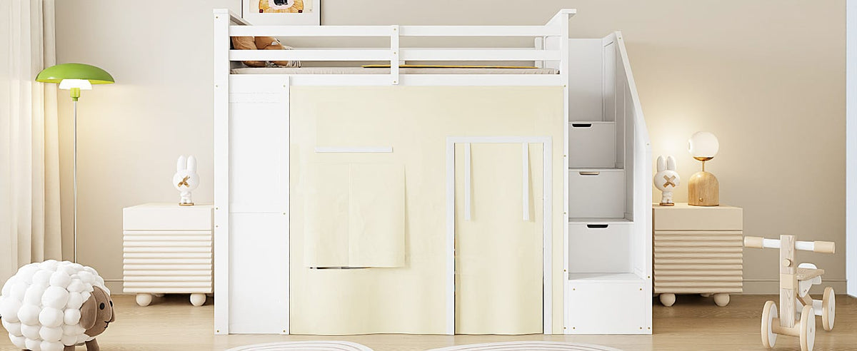 Twin Size Loft Bed with Desk - White MDF, Pine