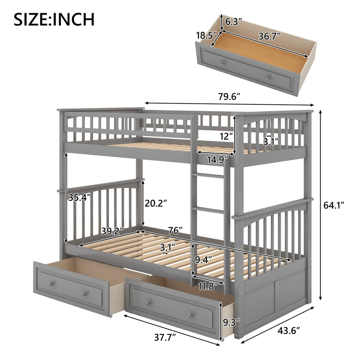 Twin Over Twin Bunk Bed Gray Wood Frame for Bedroom