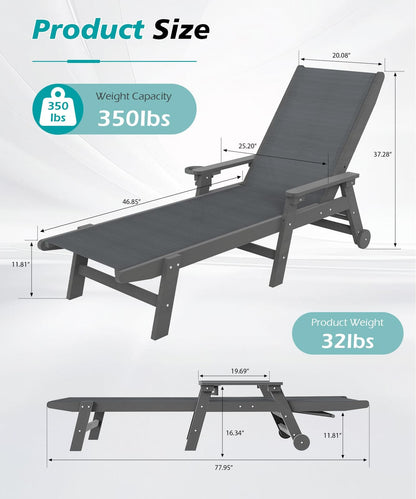 HDPE Dark Grey Outdoor Chaise Lounge with Wheels - Patio Seating