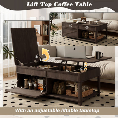 Lift-Top Coffee Table with Hidden Storage, Brown for Living Room