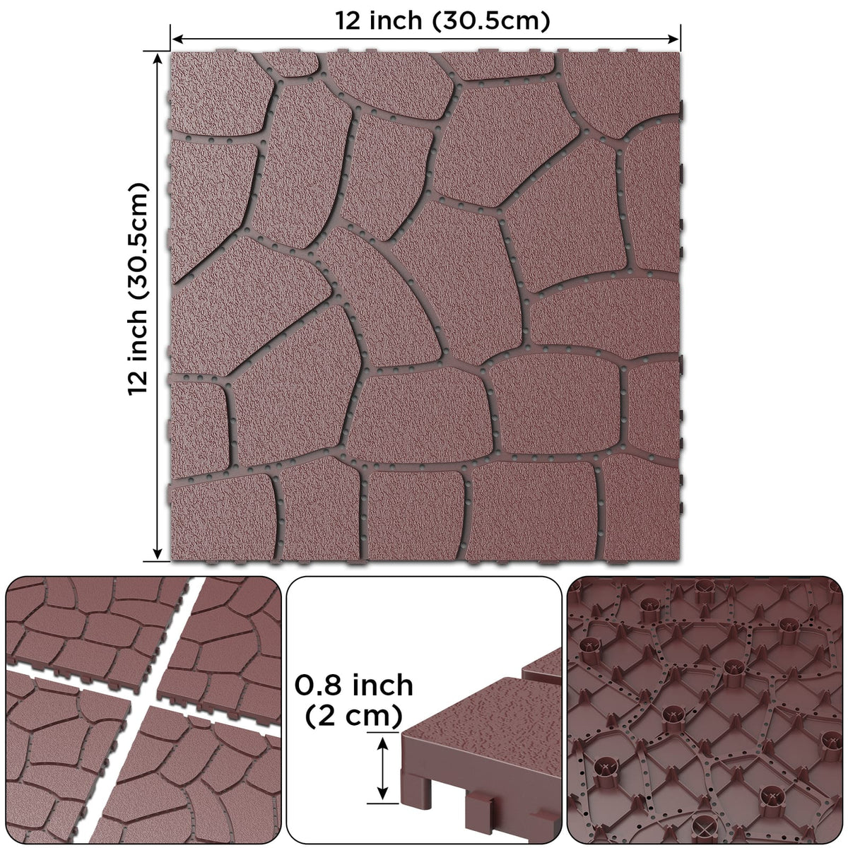 Red+Brown Stone Texture Patio Deck Tiles - 44 Piece DIY Flooring