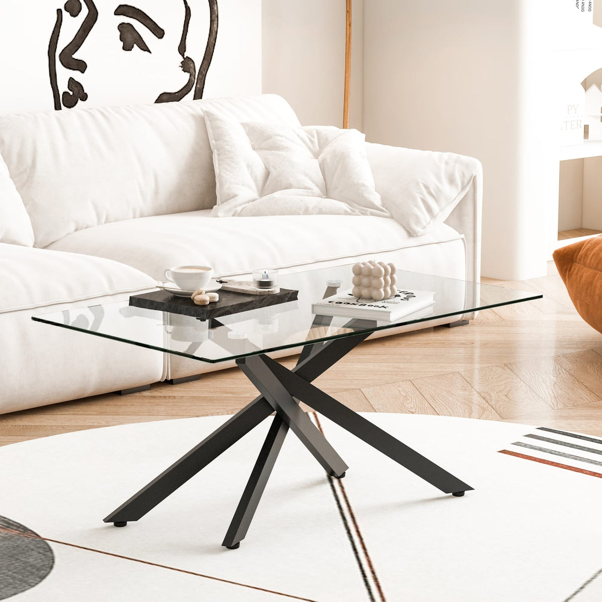 Black Tempered Glass Coffee Table - 39.37" Rectangular for Living Room