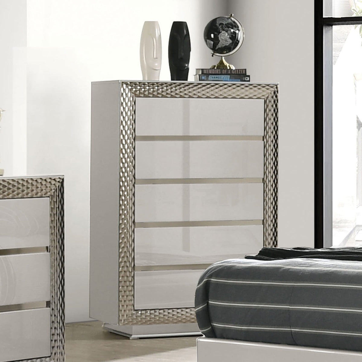 Gray 5-Drawer Chest - Glam Bedroom Dresser with Plinth Base
