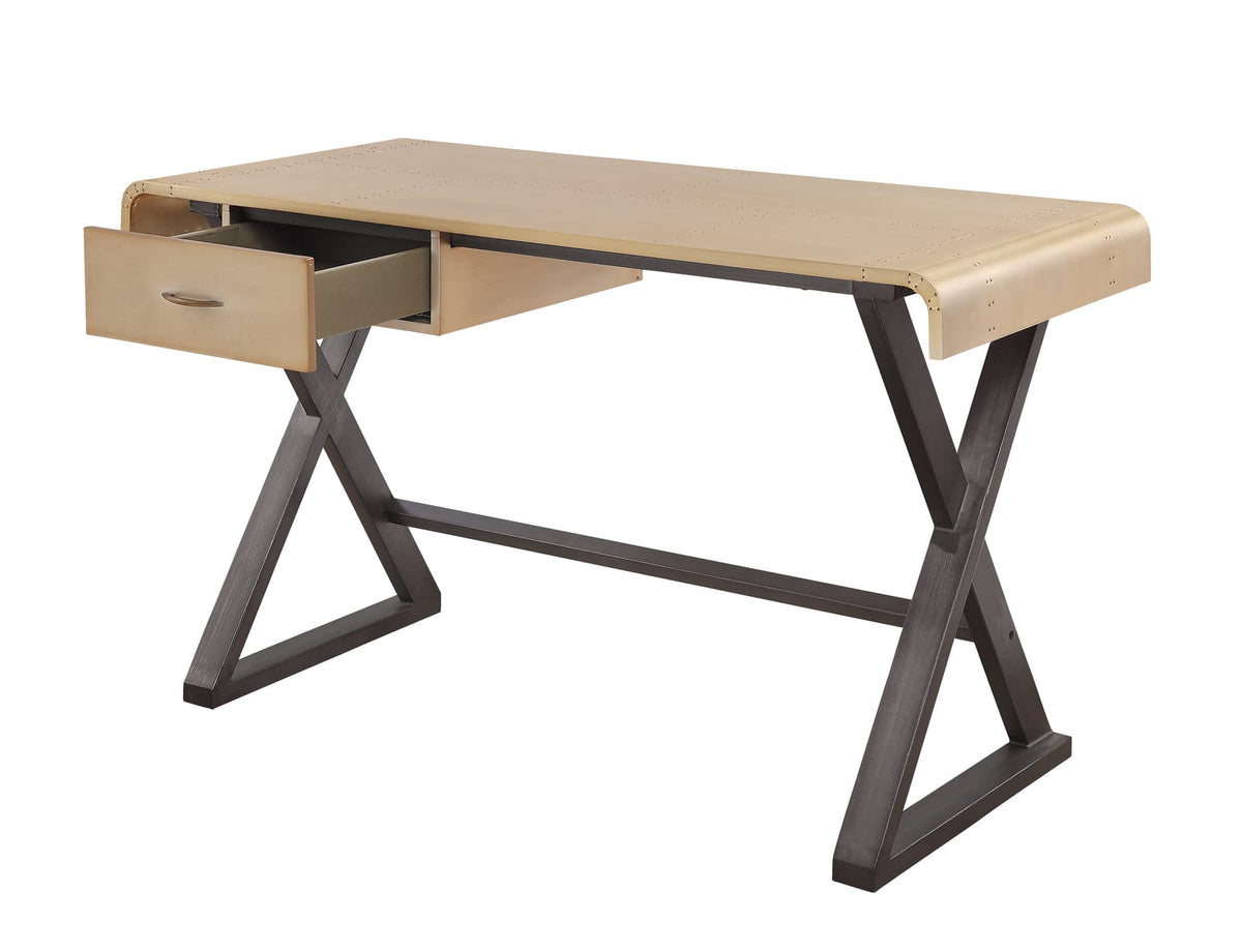 Gold Aluminum Writing Desk with Leather Accents for Workspace for Home Office