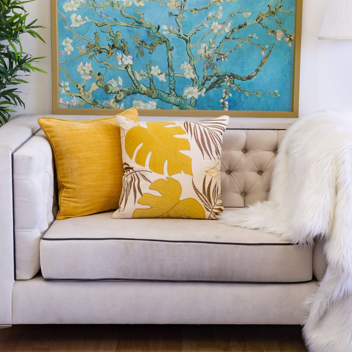 20x20 Yellow Polyester Leaf Pillow Cover