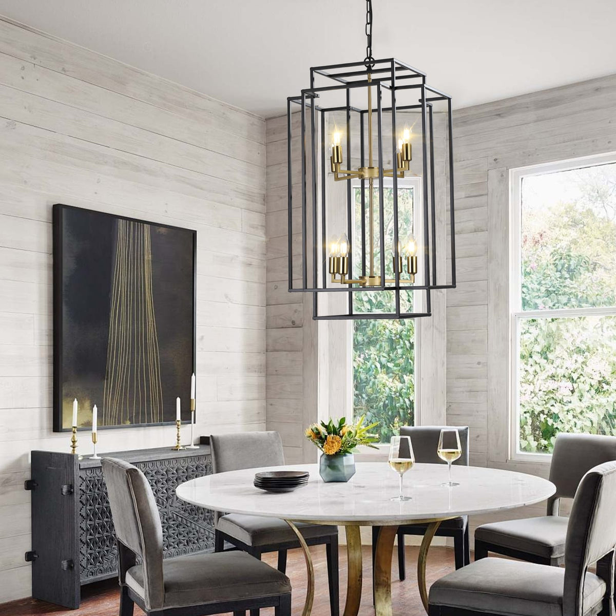 Modern Black Gold Geometric Pendant Chandelier - 8 Lights, Adjustable for Living