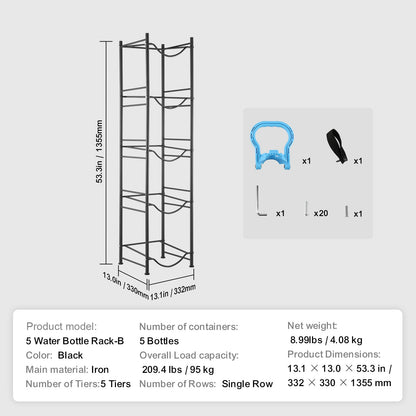 Black Iron 5 Tier Water Jug Holder - Shelf for Bottles for Living Room