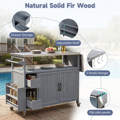 Blue Gray Solid Wood Rolling Kitchen Cart - Outdoor BBQ Cart