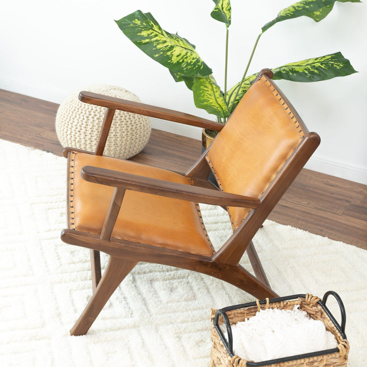 Tan Leather Mid-Century Arm Chair - 28"W x 26"D x 25"H