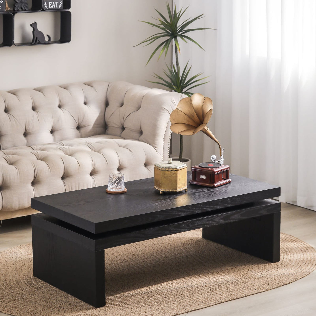 Living Room Antique Black Ash Wood Coffee Table - Rectangular Dining Table 47.6" L