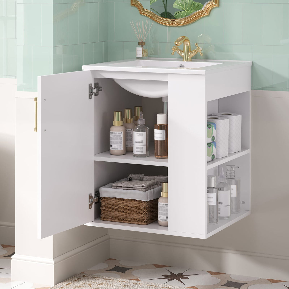 White Solid Wood Wall Mounted Bathroom Vanity with Storage Cabinet