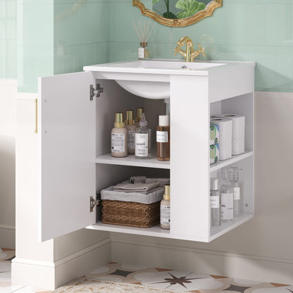 White Solid Wood Wall Mounted Bathroom Vanity with Storage Cabinet